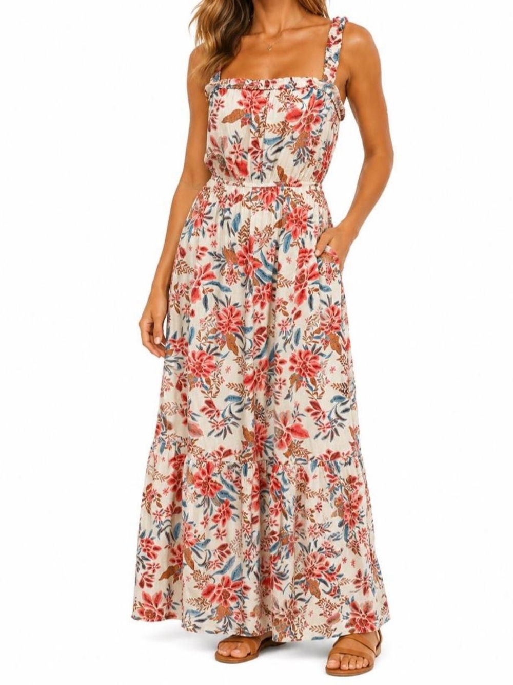 Pink Rose Red, Brown and Blue Floral Maxi Sleeveless Summer Dress, NWOT, size M